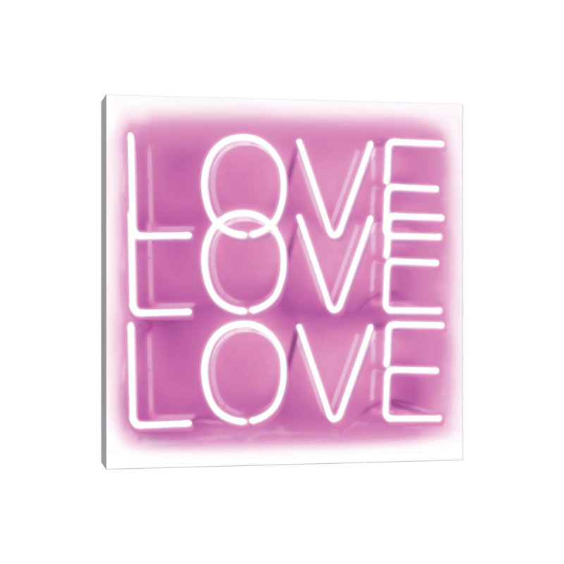 Neon Love Love Love Pink On White by Hailey Carr - Print on Canvas, Wrapped Canvas, 30.48 cm H x 30.48 cm W