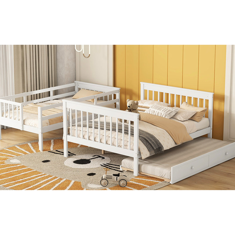 Lit superposé simple avec rangement, lit gigogne simple et garde-corps - Bois massif blanc pour lit gigogne, adultes fonctionnels avec rangement