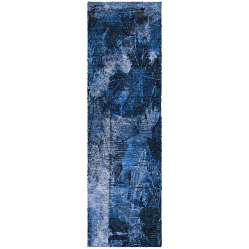 Tapis floral à poils longs de qualité supérieure lavable à la machine ADS560, Marine, Tapis de couloir 2 pi 3 po x 7 pi 6 po