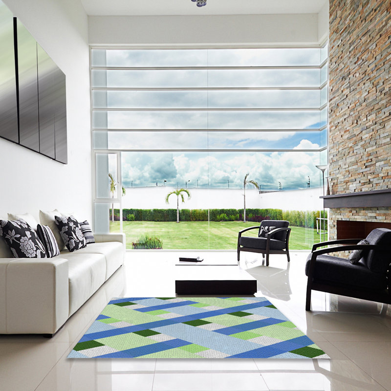 Tapis vert/bleu de mer à motifs, Carré 5 pi