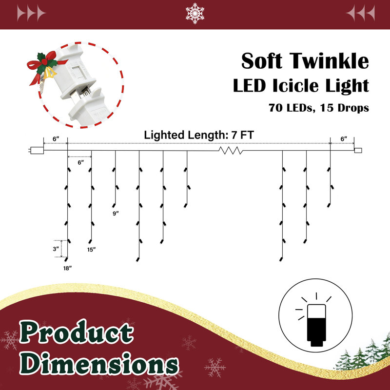 7FT-70 Lights White Soft Glow Twinkle Mini LED Icicle Lights Commercial Grade Waterproof for Holiday Decoration, Christmas Decors