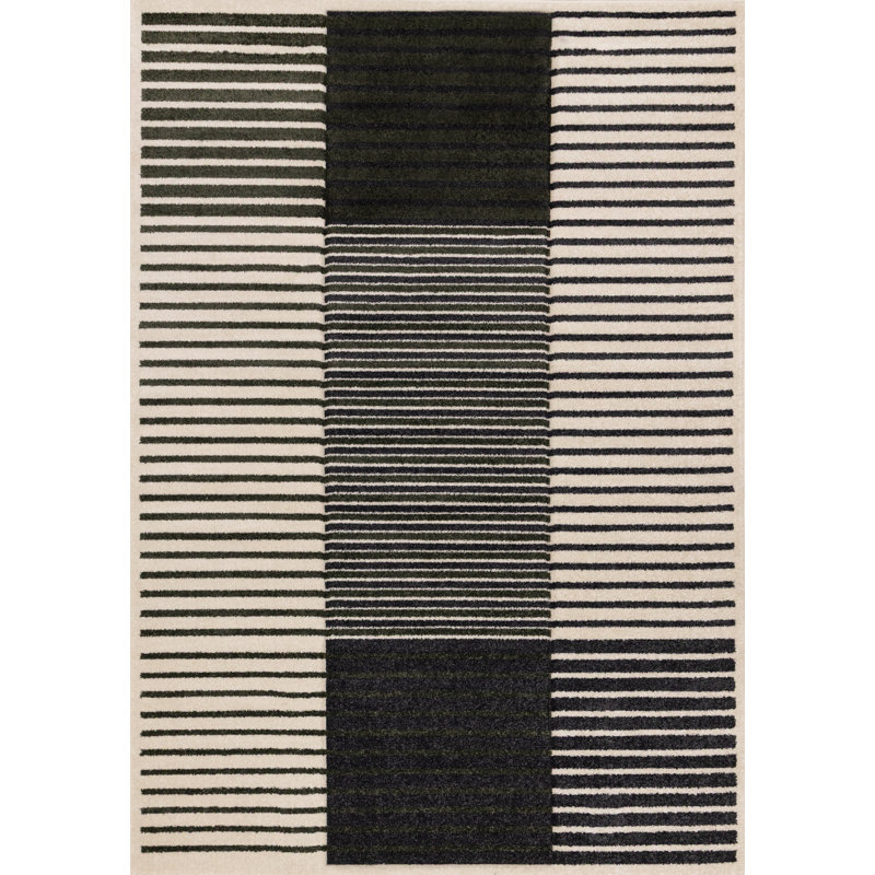 Striped Green White Gray Modern Indoor Area Rug, White, Rectangle 5'3" X 7'7"