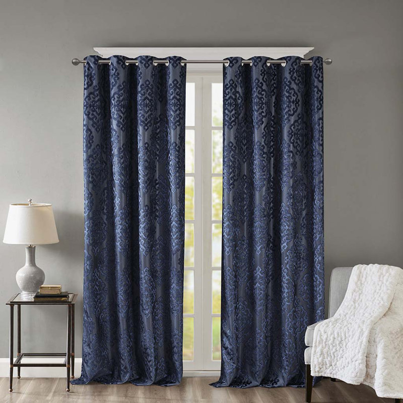 Knitted Jacquard Damask Total Blackout Grommet Top Curtain Panel(Only 1 Pc Panel), Navy, 50" W x 108" L