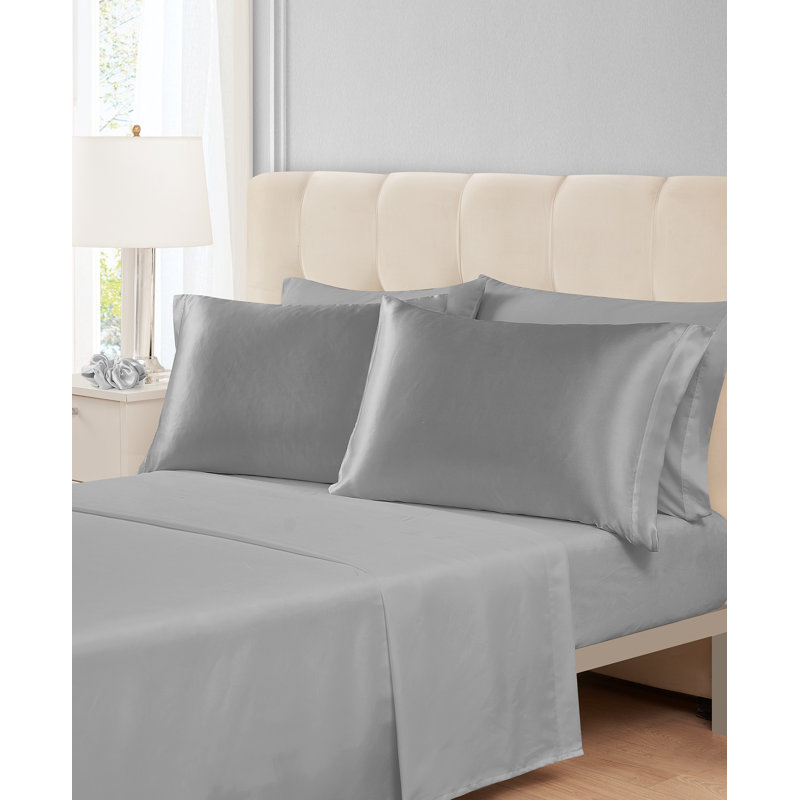 Ensemble de draps 7 pièces avec accessoires en satin, Argent, Double
