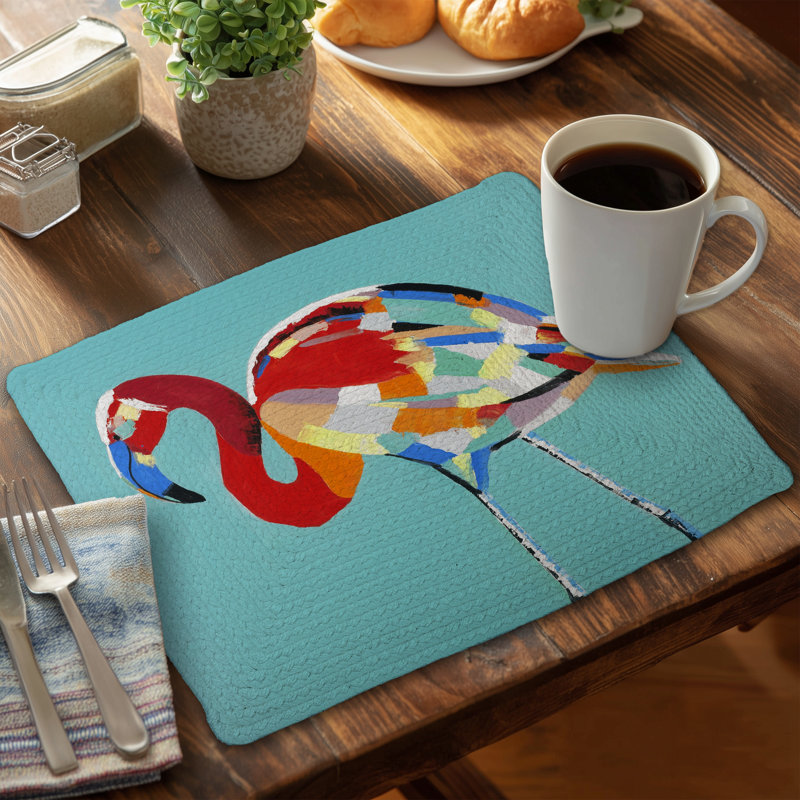 Ensemble de 4 napperons en polyester tressé - décor abstrait flamant rose