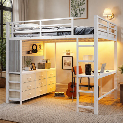 Lit mezzanine avec bureau, miroir, tiroirs, lumière DEL et ports USB