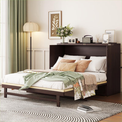 Petit lit simple escamotable de style rustique avec rangement en rotin et tiroir de rangement, bois de pin massif de ton brun
