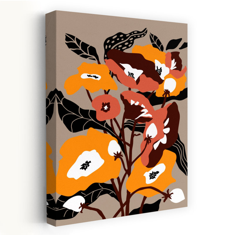 Affiche murale abstraite contemporaine représentant des coquelicots d'automne, avec des fleurs orange vif., 36" H x 24" W