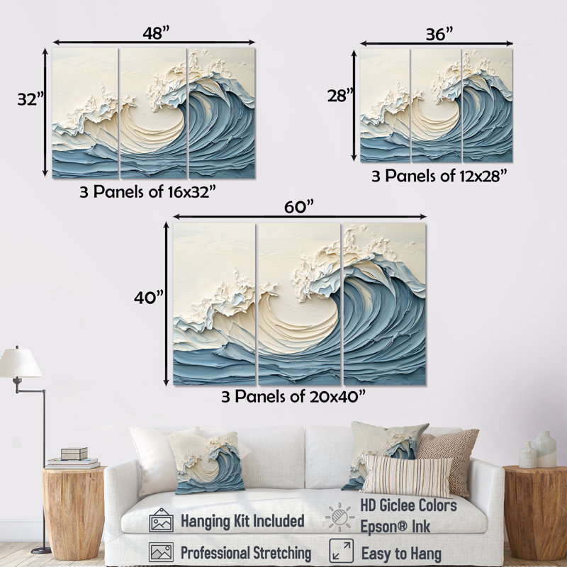 Art mural blanc et bleu style vague I - Coastal Waves, Toile tendue, H 40 po x l 60 po x P 1 po