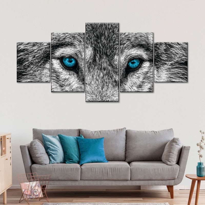 Loup loup frais sur toile, 5 pièces, H 34 po x l 74 po