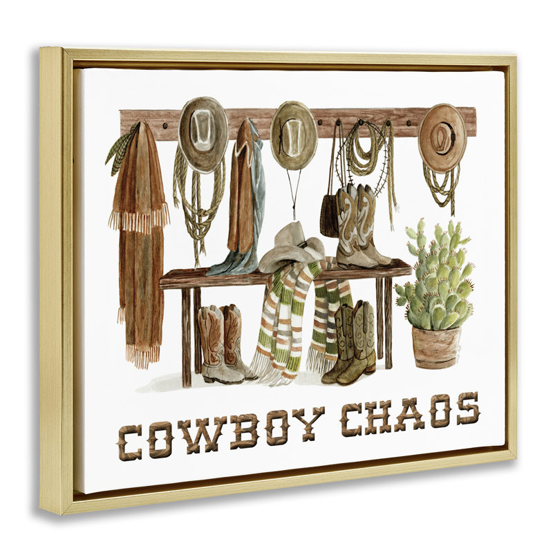  «Cowboy Chaos Accessoires», art mural encadré sur toile flottante par Cindy Jacobs, H 17 po x l 21 po