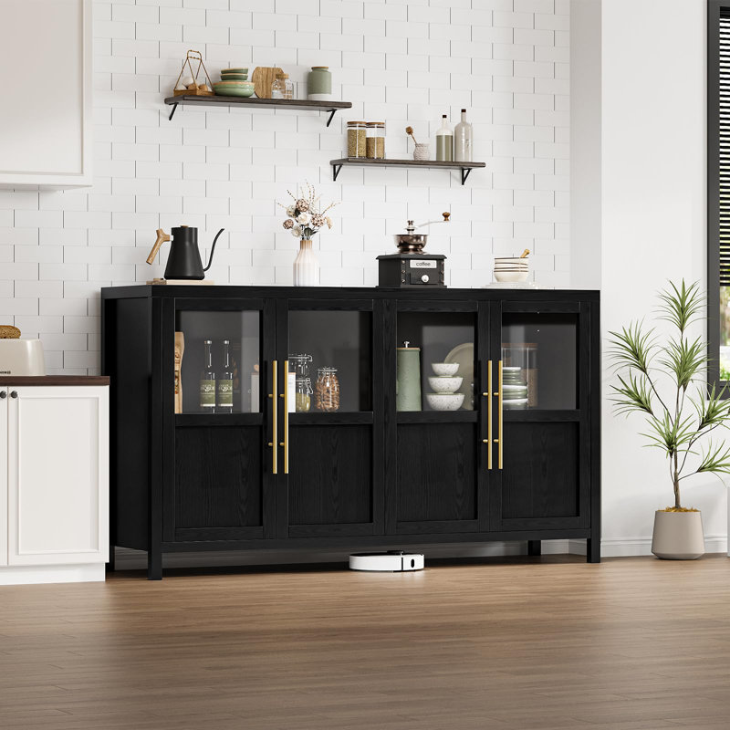 55" Sideboard Buffet Cabinet with 4 Glass Doors & Ample Storage for Dining Room & Kitchen, Black