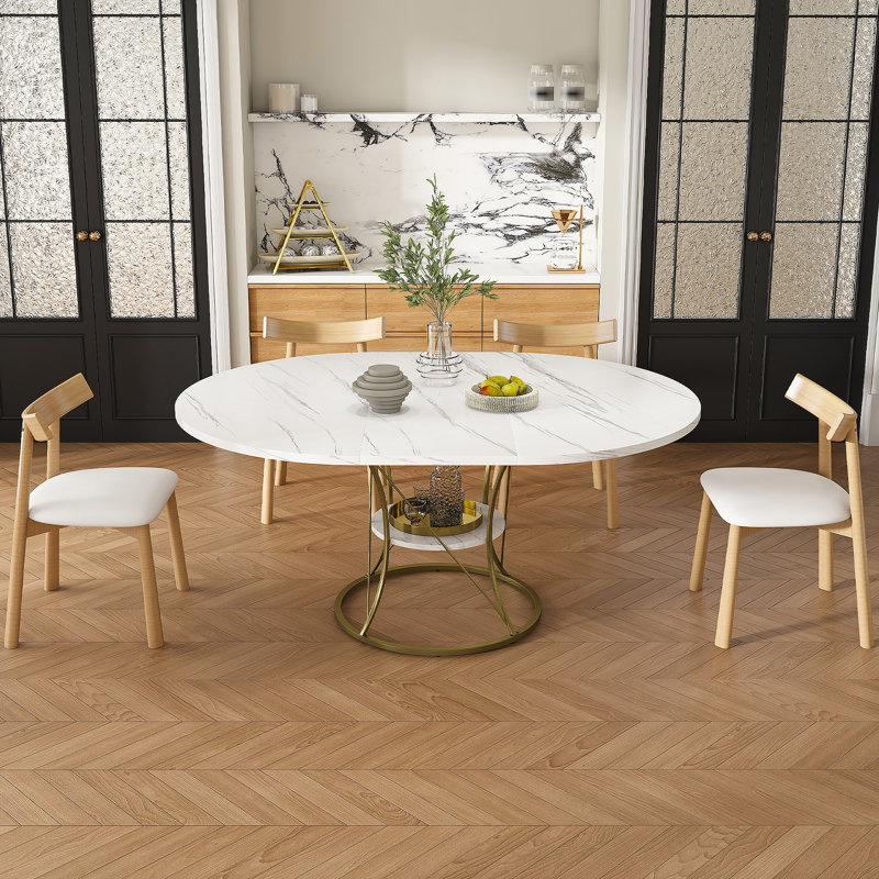 Ensemble de table de salle à manger, table de salle à manger extensible ronde avec base en métal, 4 chaises à structure en bois