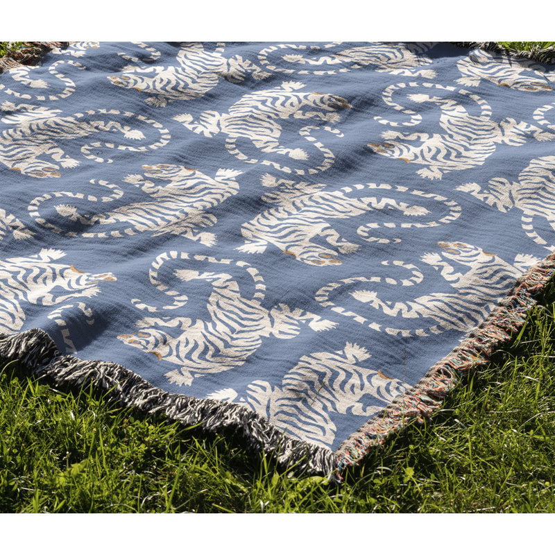 Jeté en mélange de coton Leonard Tiger, Bleu clair / blanc cassé, L 70 po x l 50 po