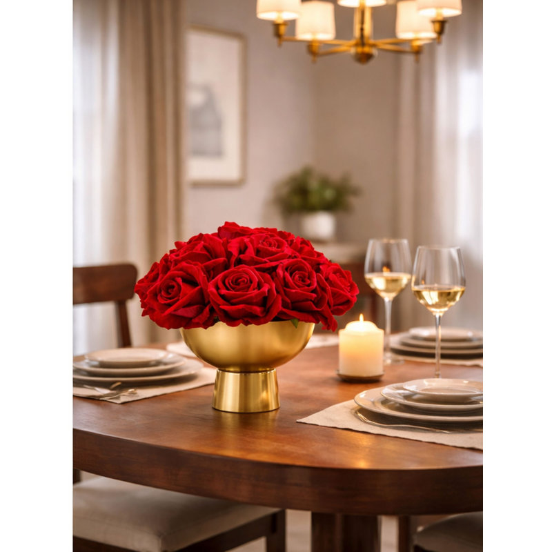 Faux Rose Arrangement in Gold Pot