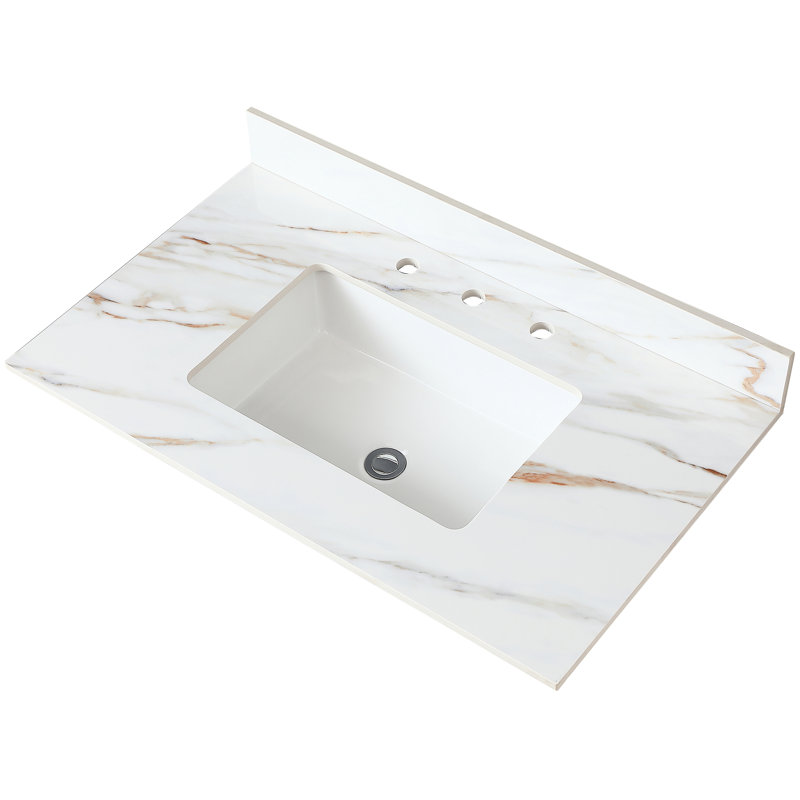 Dessus de meuble-lavabo de salle de bain 37 po - marbre blanc avec veines élégantes, dosseret de 4 po de hauteur, 8 trous de robinet, pierre frittée, dosseret de 4 po à l'épreuve de l'eau et des taches 37 po x 22 po