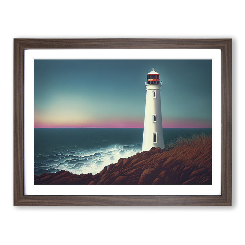 Classic Lighthouse Sunrise - Framed Print, 46cm H x 64cm W x 2cm D, Walnut