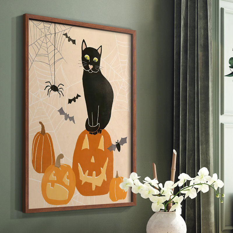 «Pumpkin Patch Cats II», reproduction encadrée - bois massif, Cadre photo brun simple, H 14 po x l 11 po