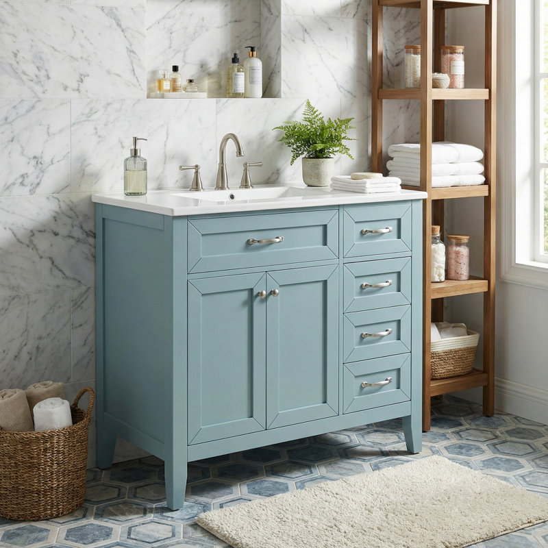 36" Bathroom Vanity with Sink, Cabinet, Drawers, Soft-Close Features and MDF Board, Green/Silver