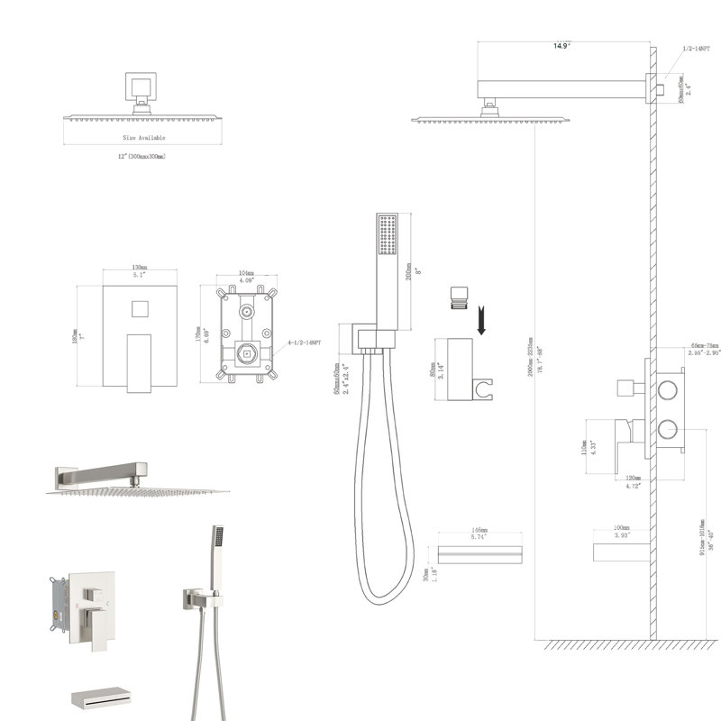 Système de douche complet à aiguilleur, Nickel brossé