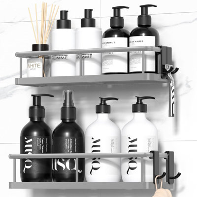 Adhesive Shower Caddy Organizer - No Drill Wall-Mounted Bathroom Storage Shelf With Removable Hooks, Rustproof Metal Construction, Heavy Duty Hold For Toiletries And Essentials