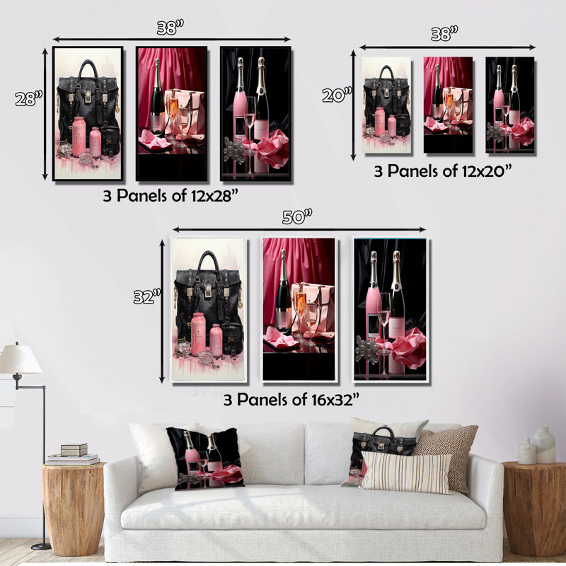 «Pink Designer Sacs Glamour II», art mural 3 pièces, Cadre blanc, H 32 po x l 48 po