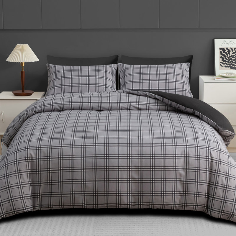 Microfiber Geometric Duvet Cover Set, Superking, Black & Grey