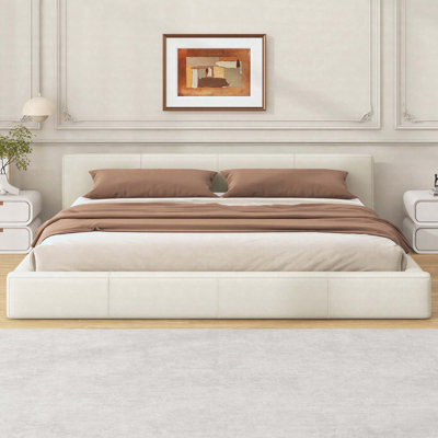 King Size Upholstered Bed Frame In Stylish Beige, Modern Platform Bed Design