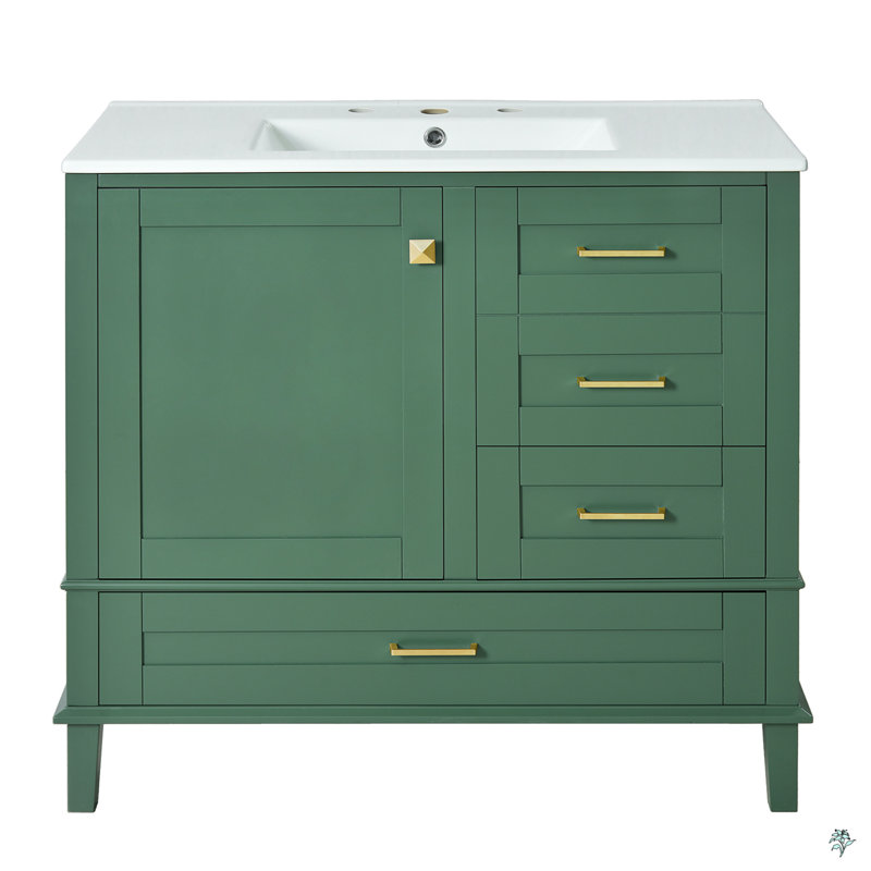 36" Bathroom Vanity With Solid Pine Frame, 1 Soft Close Door And 3 Drawers, Green/Gold