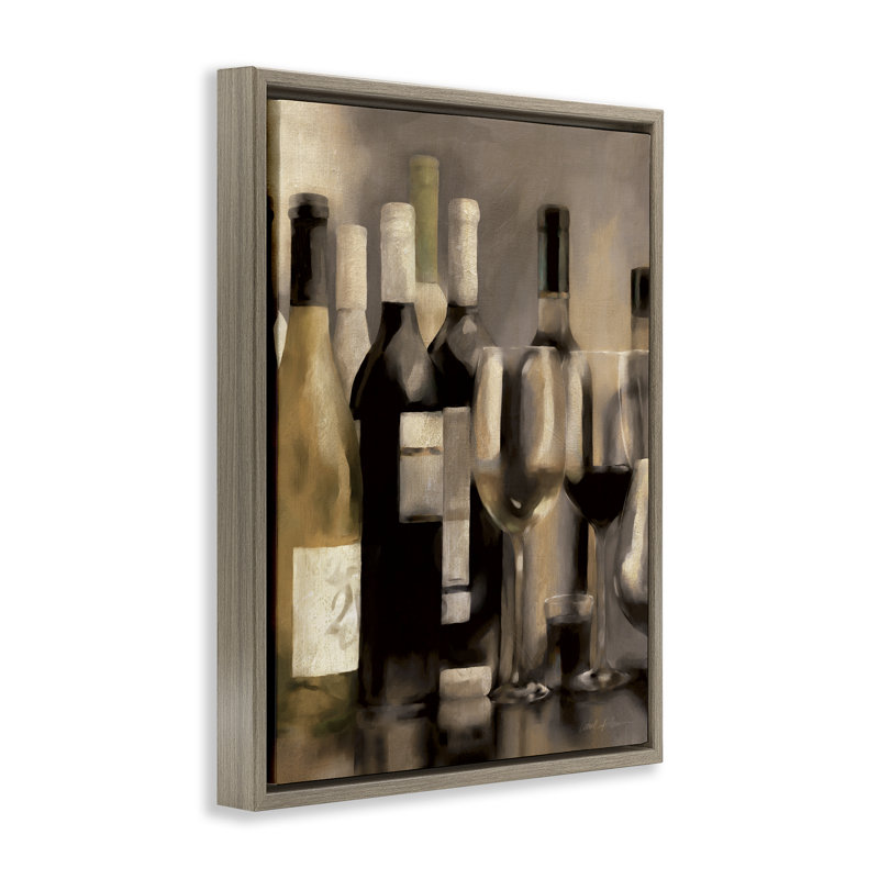  "Wine Bottles on Bar", art mural sur toile flottante par Carol Robinson, H 21 po x l 17 po, Cadre flottant orme Montalcino