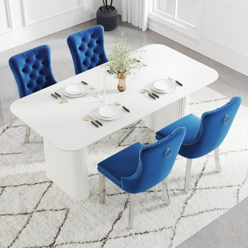 Ensemble de salle à manger rectangulaire en bois avec chaise capitonnée, Bleu, 5, Blanc