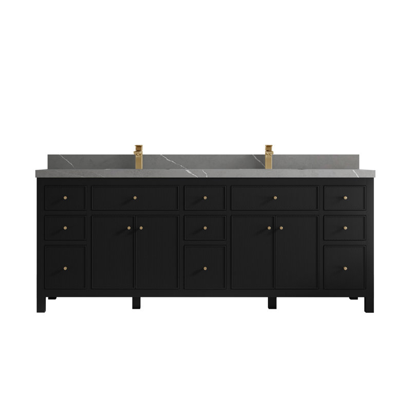 84'' Double Bathroom Vanity with Top, Black, Piatra Quartz Gray