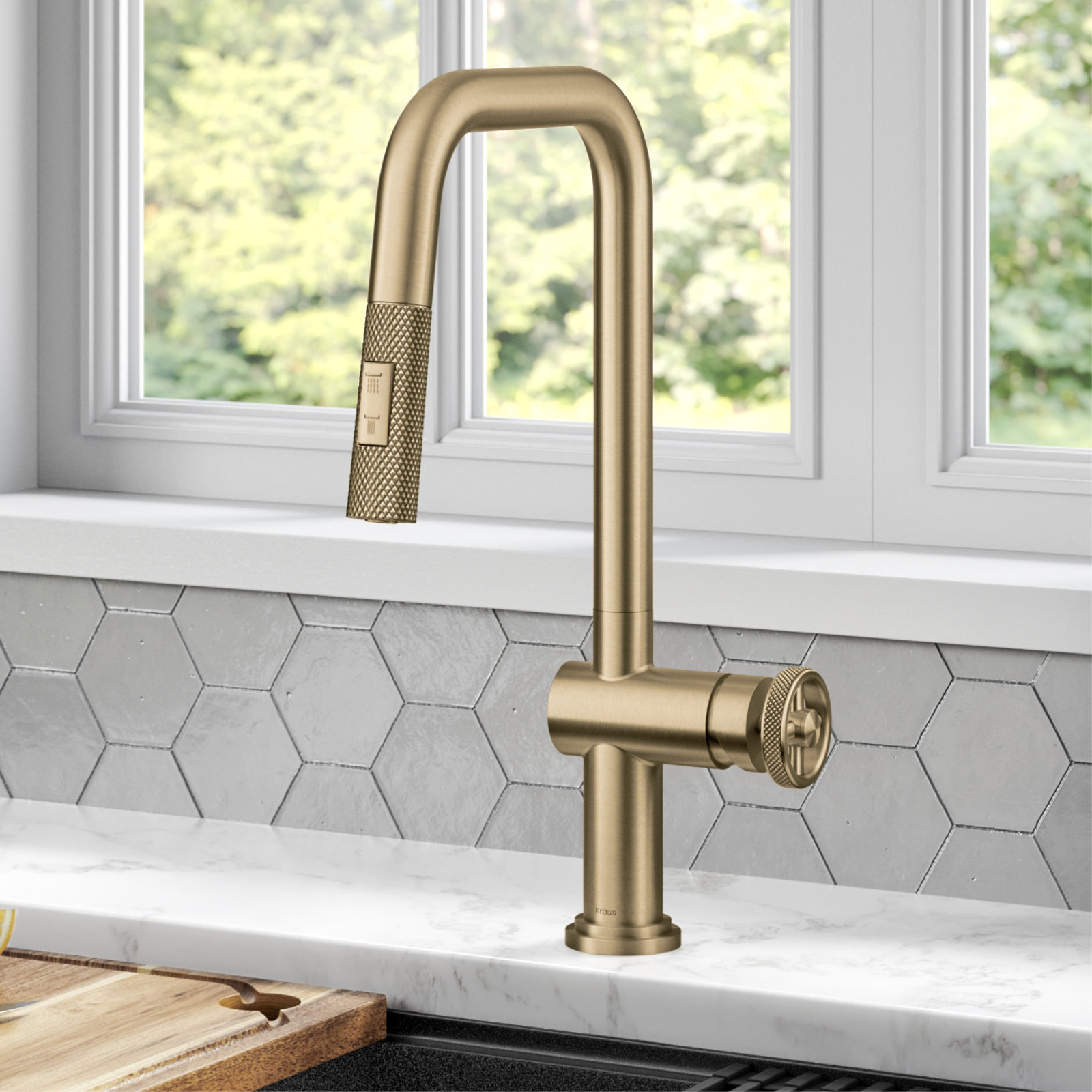 Urbix Industrial Pull-Down Single Handle Kitchen Faucet, Brushed Gold