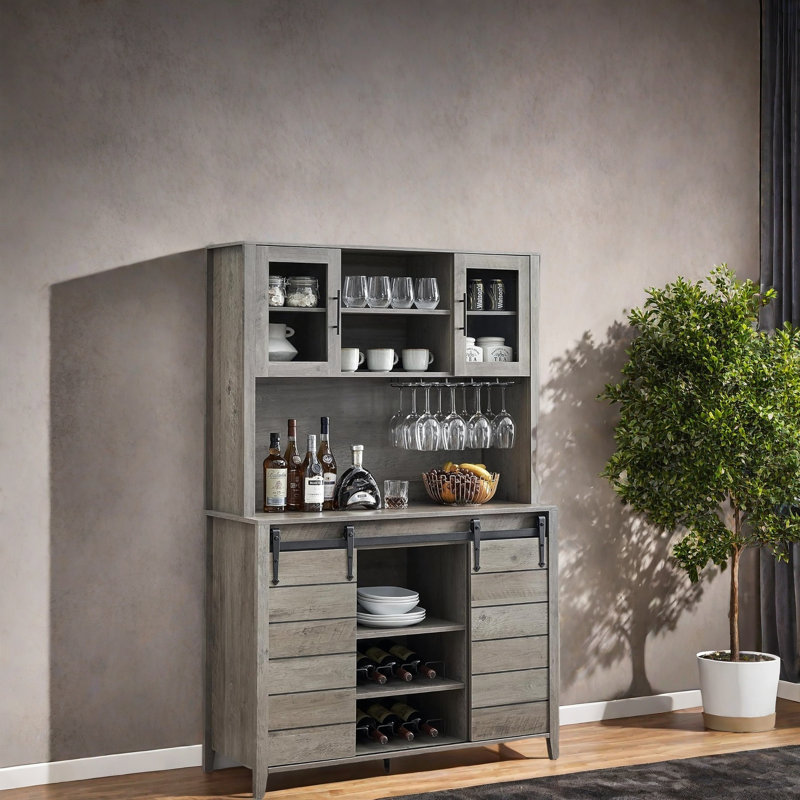 Armoire à café avec portes de grange coulissantes, Gris