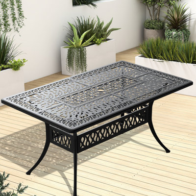 Cast Aluminum Patio Dining Table - Black, Umbrella Hole, 160Lbs Capacity, Rust 6 Aluminum, To Elements