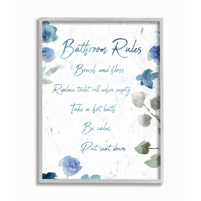 «Bathroom Rules Watercolor Flower Word Design» par Milli Villa - reproduction d'art textuel, H 20 po x l 16 po x P 1,5 po