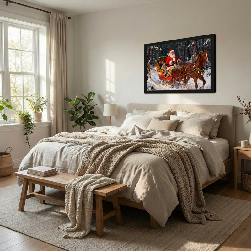 Père Noël de Noël en traîneau à cheval dans la forêt enneigée, H 12 po x l 18 po