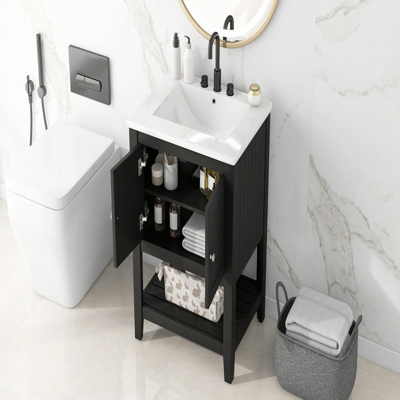 Lavabo de salle de bain moderne élégant en céramique 24 po avec tablette ouverte en bois massif, Noir