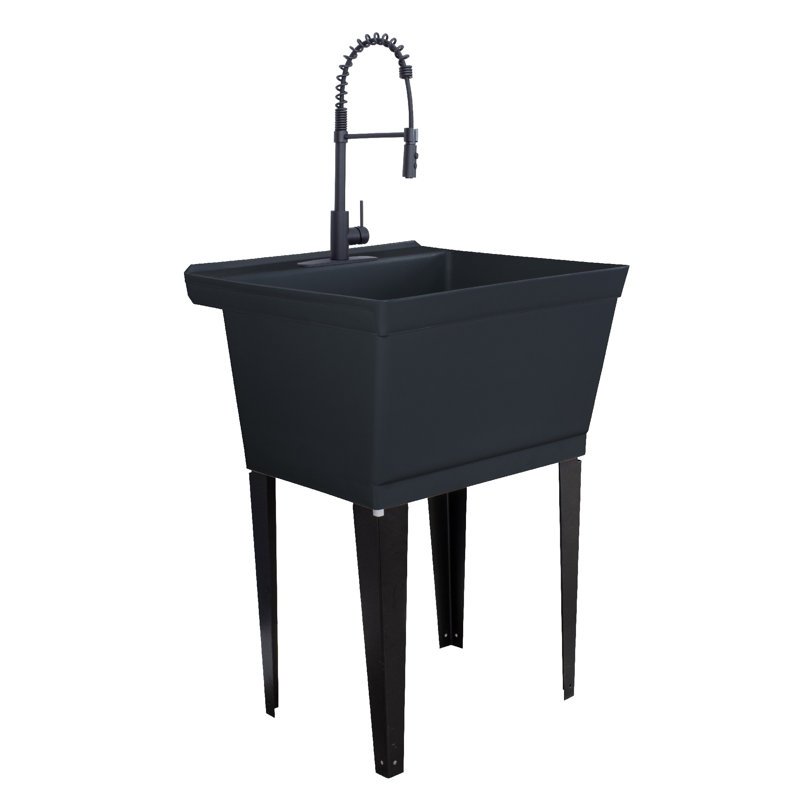 22.875 In. X 23.5 In. 19 Gallon Thermoplastic Utility Sink Set With High-Arc Coil Pull-Down Faucet, Black, Black