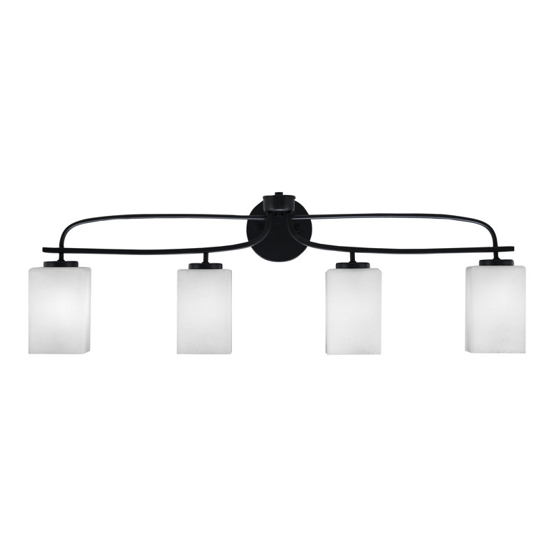 Bucherie Cavella 4 Light Bath Bar Shown In Matte Black Finish With 4" Square White Muslin Glass