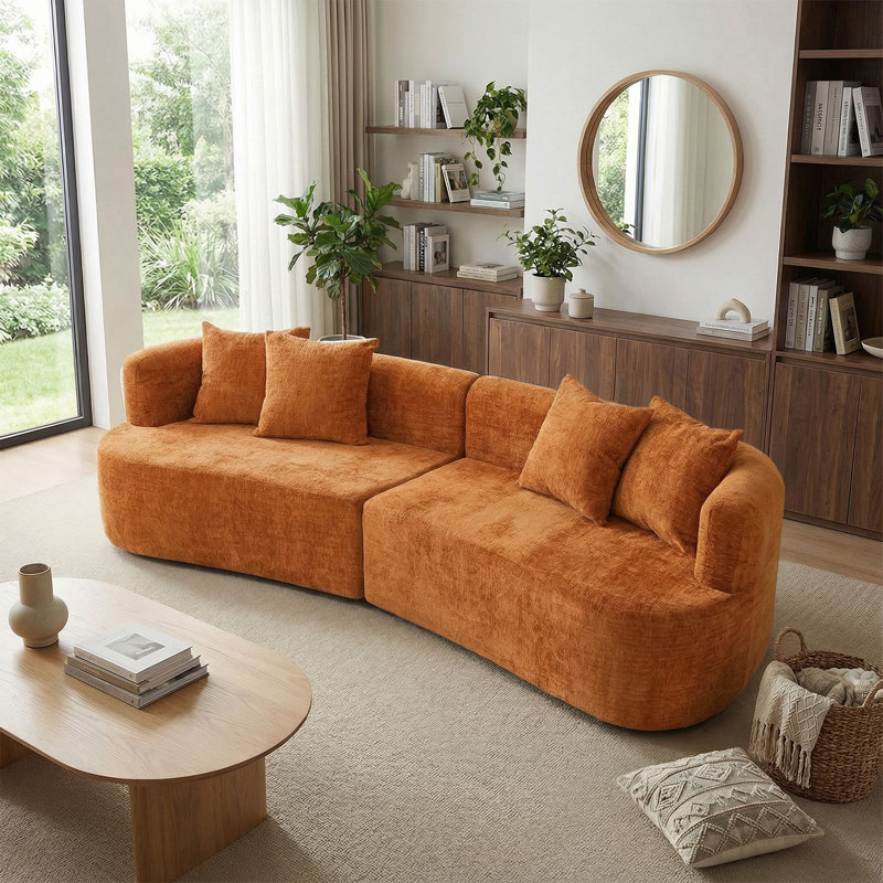 Canapé à compression incurvé sans assemblage requis, Chenille orange