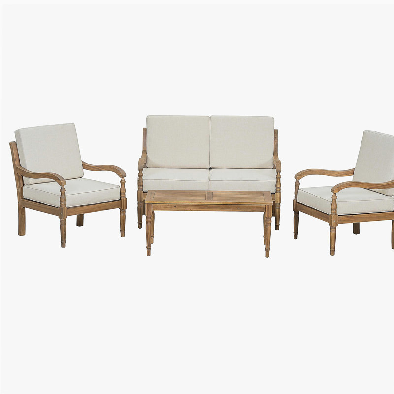 4 Piece Sofa Seating Group with Cushions, Outdoor Acacia Wood Patio Seating Group,Natural+Beige