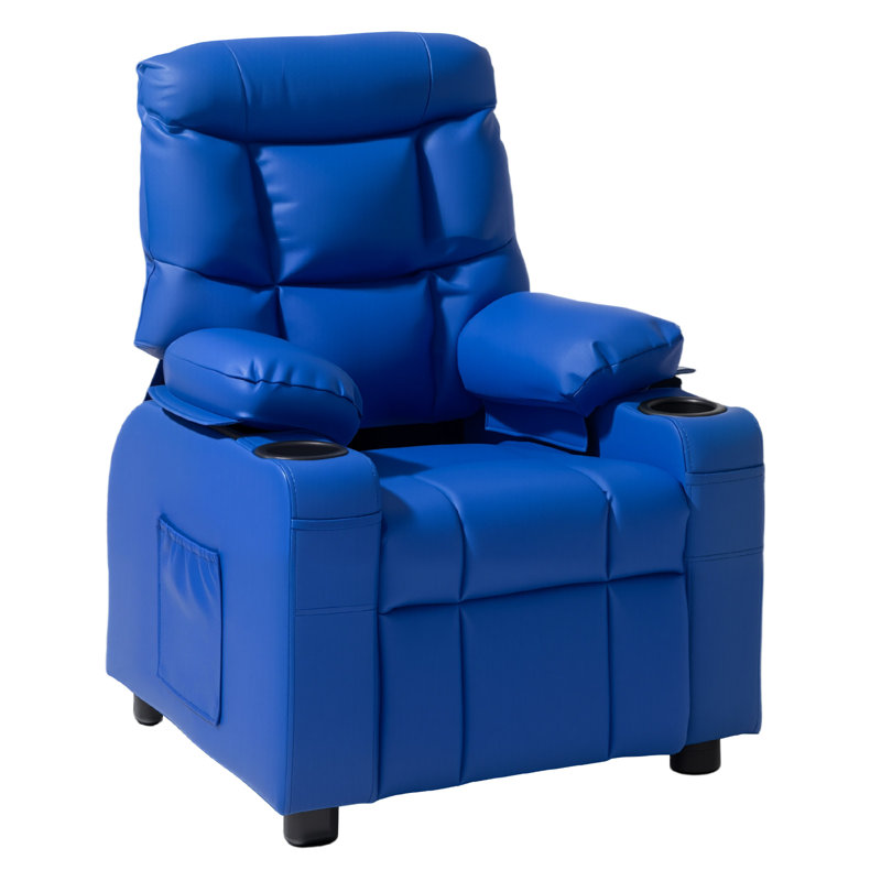 Kids Reclining Chair, Toddler Recliner with 2 Cup Holders and 4 Pockets, 107° to 126° Adjustable Back, Easy-to-Clean PU Leather Recliner Couch with Footrest, for Boys, Girls & Children (Blue)