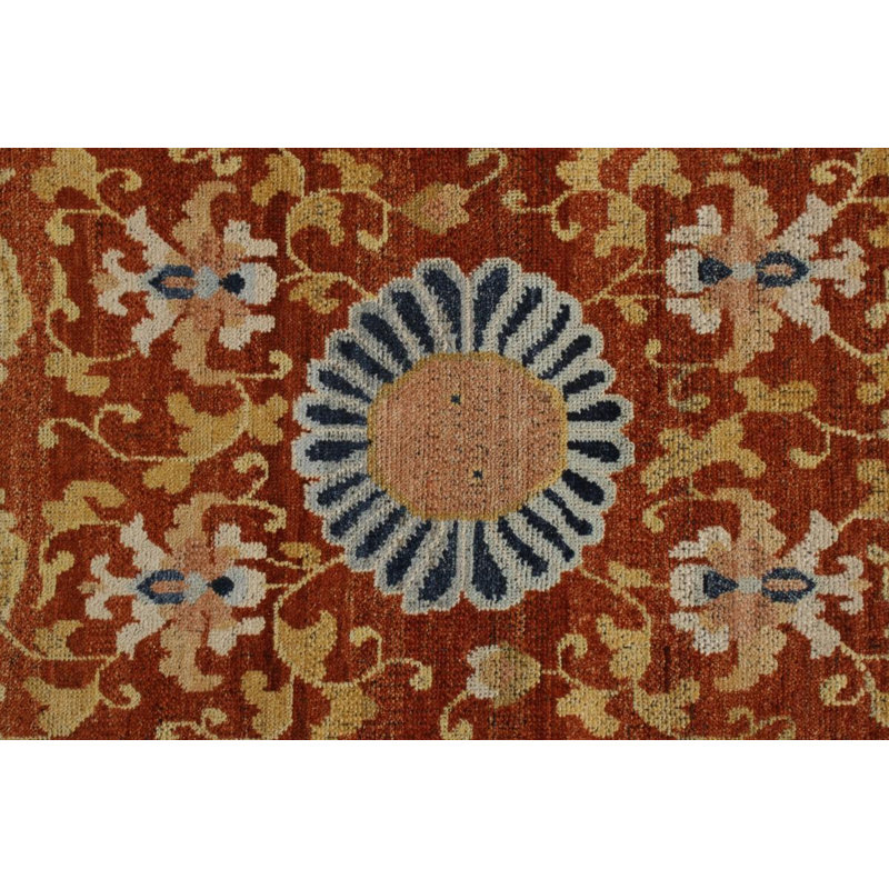 Rug & Kilim’S Chinese Pictorial Runner In Gold And Orange All Over Pattern, Runner 3' x 12'