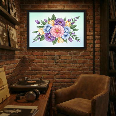 Bouquet de plantes et de fleurs avec des fleurs roses, mauves et bleues