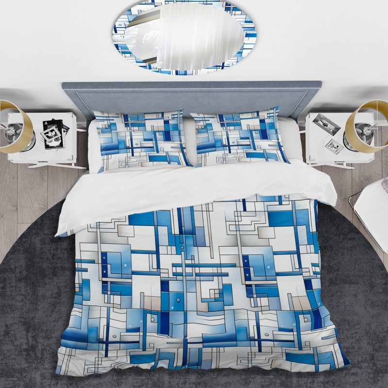 Ensemble de housse de couette en microfibre rétro blanc et bleu, Housse de couette pour très grand lit et 2 très