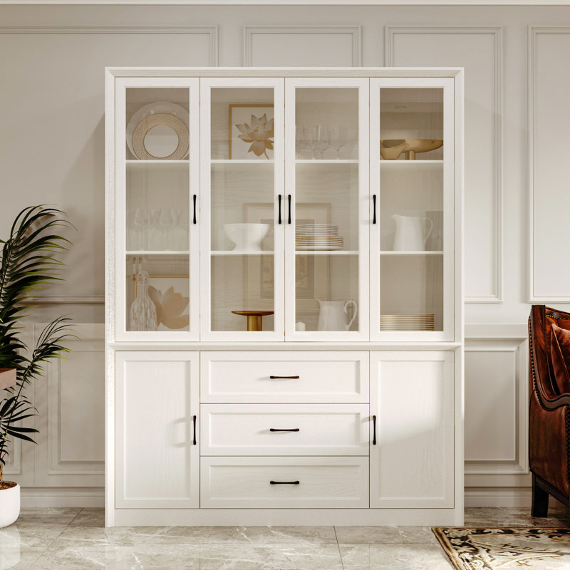 79.6" High Glass Door China Cabinet With 3 Drawers, Cream