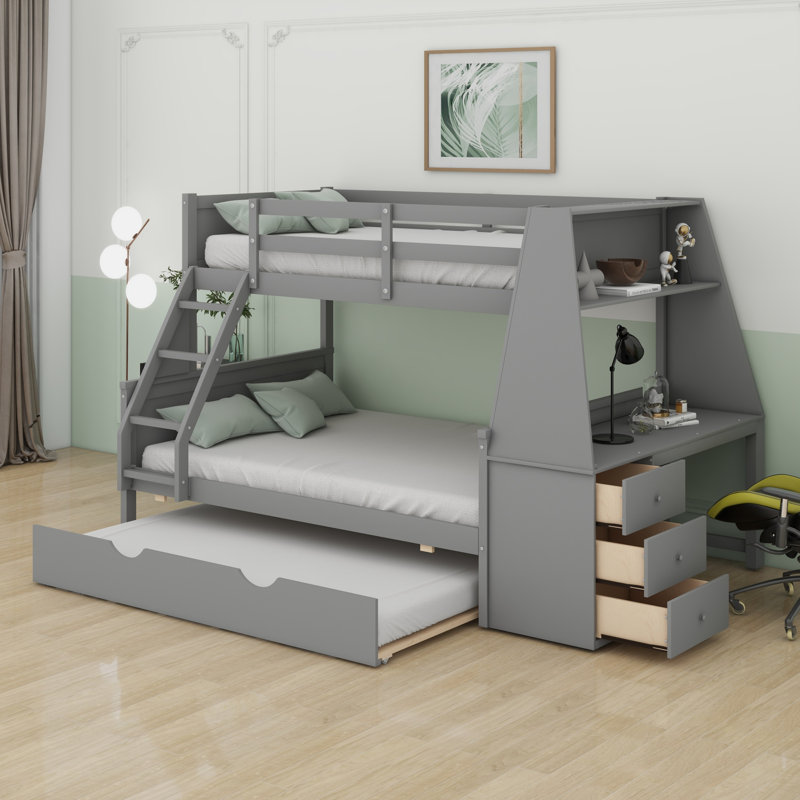 Lit superposé avec lit gigogne et bureau, tiroirs de rangement et tablette, Gris