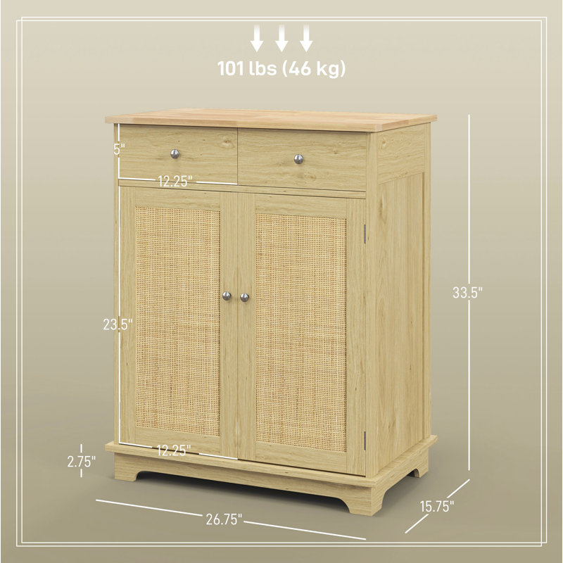 Natural Oak and Rattan Sideboard with Solid Wood Countertop