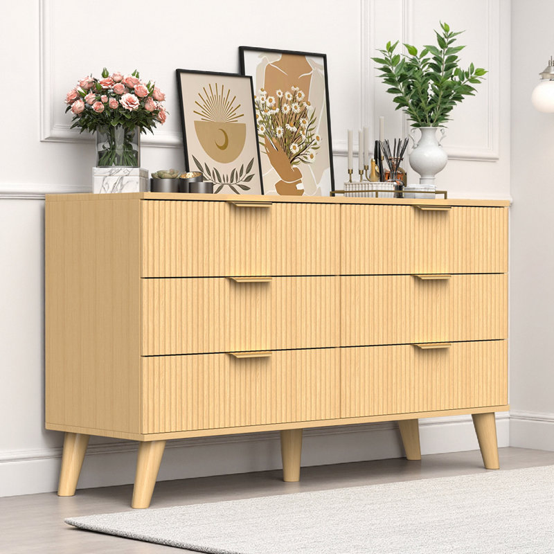Commode 6 tiroirs cannelée en bois, Clair naturel